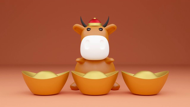3D渲染动画牛模型与中国金锭。