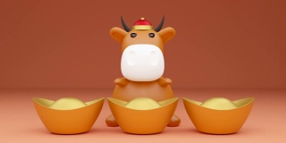 3D渲染动画牛模型与中国金锭。