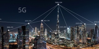 T/L PAN迪拜城市天际线和5G网络概念，从白天到夜晚/阿联酋