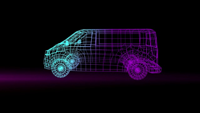 动画的一个3D模型的汽车旋转与粉红色发光的光轨迹在黑色的背景