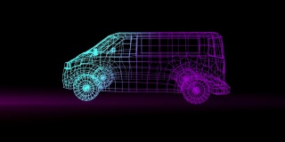 动画的一个3D模型的汽车旋转与粉红色发光的光轨迹在黑色的背景