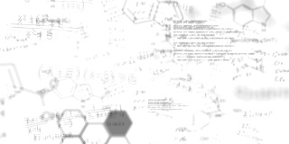 化学元素在数学方程式上的动画漂浮在白色的背景上