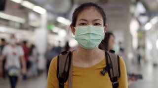 年轻亚洲妇女戴着防护面具站在火车站的肖像。视频素材模板下载