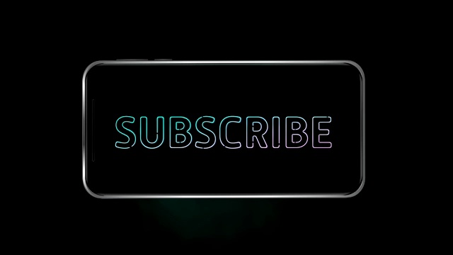 word Subscribe的动画在黑色背景的智能手机黑屏上闪烁