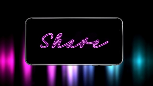 word Share的动画在紫色背景的智能手机屏幕上闪烁