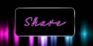 word Share的动画在紫色背景的智能手机屏幕上闪烁
