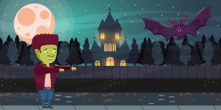 万圣节快乐的动画场景与蝙蝠飞行和城堡