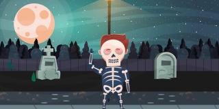 快乐的万圣节动画场景与骷髅在墓地