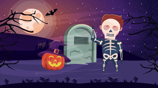 happy halloween animated scene with pumpkin and skeleton in cemetery