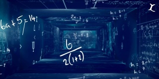 动画的数学公式浮动和写在蓝色的墙壁上