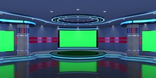 电视演播室，虚拟演播室。理想的绿色丝网合成。跟踪标记提供了运动和屏幕更换。