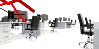 红色图形的动画形成与一个网格的空办公桌与椅子滚动