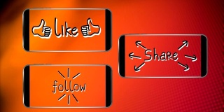橙色背景下的智能手机屏幕上闪烁着“Follow Like”和“Share”的动画