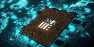 人工智能在CPU芯片组的3D渲染动画。