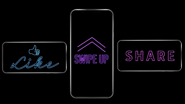 三款智能手机的屏幕上闪烁着Swipe Up和Share等单词的动画