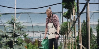 一个园丁去温室，用绿色漏斗给植物浇水。花园中心是绿色植物和鲜艳的花朵