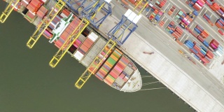 高空俯视集装箱货轮在进出口业务、商业贸易、国际海上集装箱货轮的物流运输、集装箱货物的货运运输。