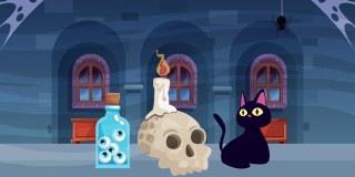 happy halloween animated scene with cat and witch elements