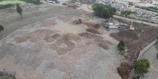 施工现场鸟瞰图，推土机挖掘机制砂机