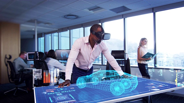 一个商人的动画戴着VR头戴着一个3d计划在桌子上