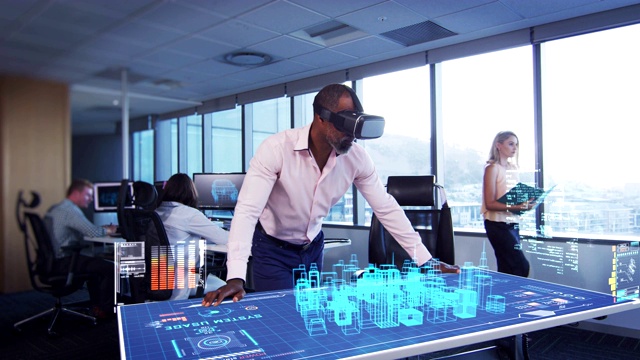 一个商人的动画戴着VR头戴着一个3d计划在桌子上