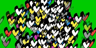 彩色心形爱象征卡通动画在绿色屏幕上。坠入爱河和情人节的概念。色度键和alpha通道