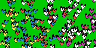 彩色心形爱象征卡通动画在绿色屏幕上。坠入爱河和情人节的概念。色度键和alpha通道