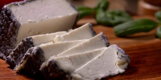 特写美味的软山羊奶酪与灰色的霉菌切三角形块