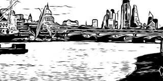 伦敦，圣保罗大教堂，泰晤士河金融区，商业漫画书水墨风格的动画素材视频