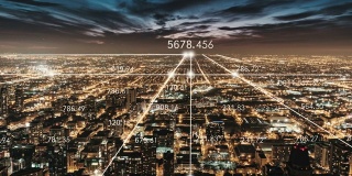 T/L PAN芝加哥城市天际线和5G网络夜间概念