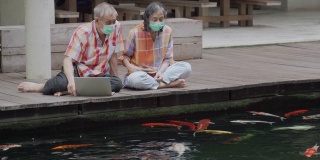 一对亚洲老年夫妇戴着外科口罩坐在地板上聊天