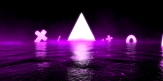 3d抽象科幻景观与紫色霓虹灯发光的几何图形。紫色的烟雾覆盖了整个空间。未来背景VJ的标题。