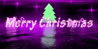 3d抽象的圣诞景观与紫色霓虹灯发光的圣诞玩具和装饰品。紫色的烟雾覆盖了整个空间。未来背景与“圣诞快乐”的标题。流行的圣诞节概念。