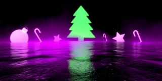 3d抽象的圣诞景观与紫色霓虹灯发光的圣诞玩具和装饰品。紫色的烟雾覆盖了整个空间。标题的未来背景。时尚时尚的圣诞理念。