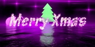 3d抽象的圣诞景观与紫色霓虹灯发光的圣诞玩具和装饰品。紫色的烟雾覆盖了整个空间。未来背景与“圣诞快乐”的标题。流行的圣诞节概念。