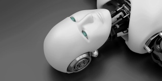 未来机器人躺在床上，黑色背景是人工智能CGI
