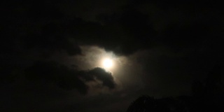 明亮的黄色月光透过黑色和灰色的云发光的夜景