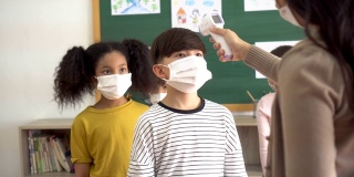 一组学生在教学楼内进行温度检查和扫描。小学生们都戴着口罩，排队进入教室。