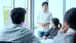 Uhd4k亚洲青年创意快乐人创业在商务会议办公室背景良好的领导能力和团队协作导致成功的手持拍摄视频素材模板下载