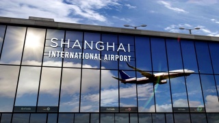 飞机在上海浦东机场降落视频素材模板下载