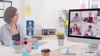 亚洲人在家办公，视频会议，新常态的商务办公方式视频素材模板下载