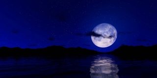 浪漫的场景，满月倒映水面，星空和流云，4K