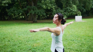 瑜伽教练在公园里摆武士姿势视频素材模板下载