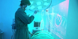 医生戴VR护目镜在手术室与患者讨论，AR增强现实手术技术医院医疗保健。未来数字技术的未来背景。