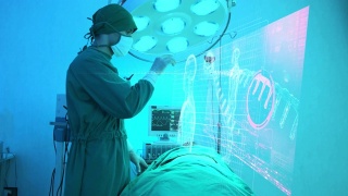 医生戴VR护目镜在手术室与患者讨论，AR增强现实手术技术医院医疗保健。未来数字技术的未来背景。视频素材模板下载