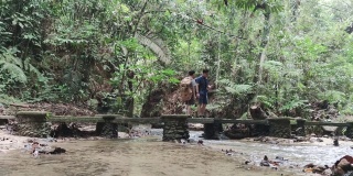 一对亚洲华人父子在马来西亚拉旺的坦普勒森林公园里用数字指南针徒步旅行