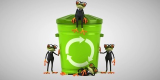 有趣的绿色卡通青蛙回收垃圾