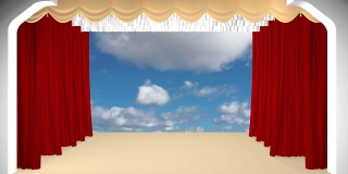 剧院的幕布拉开了，背景是飘动的云。三维渲染