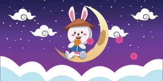 中秋动画与兔子和新月在云