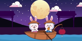 中秋动画与兔夫妇在船与月夜